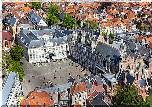 Aerial view of the town hall of Bruges