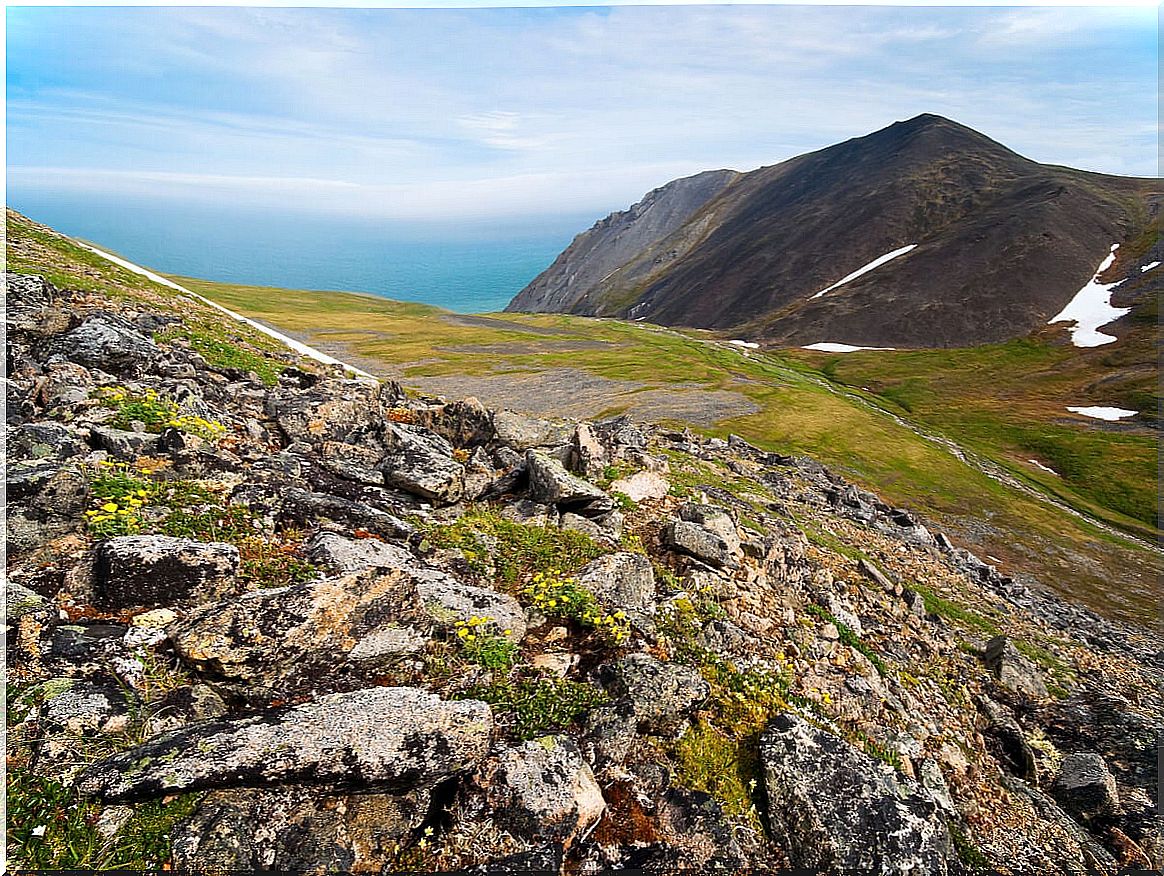 Landscape on the eastern coast of Russia, in the direction of the Diomedes Islands.