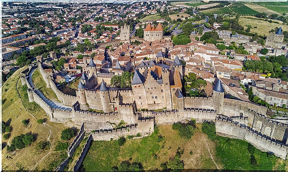 Aerial view of the medieval city of Carcassonne