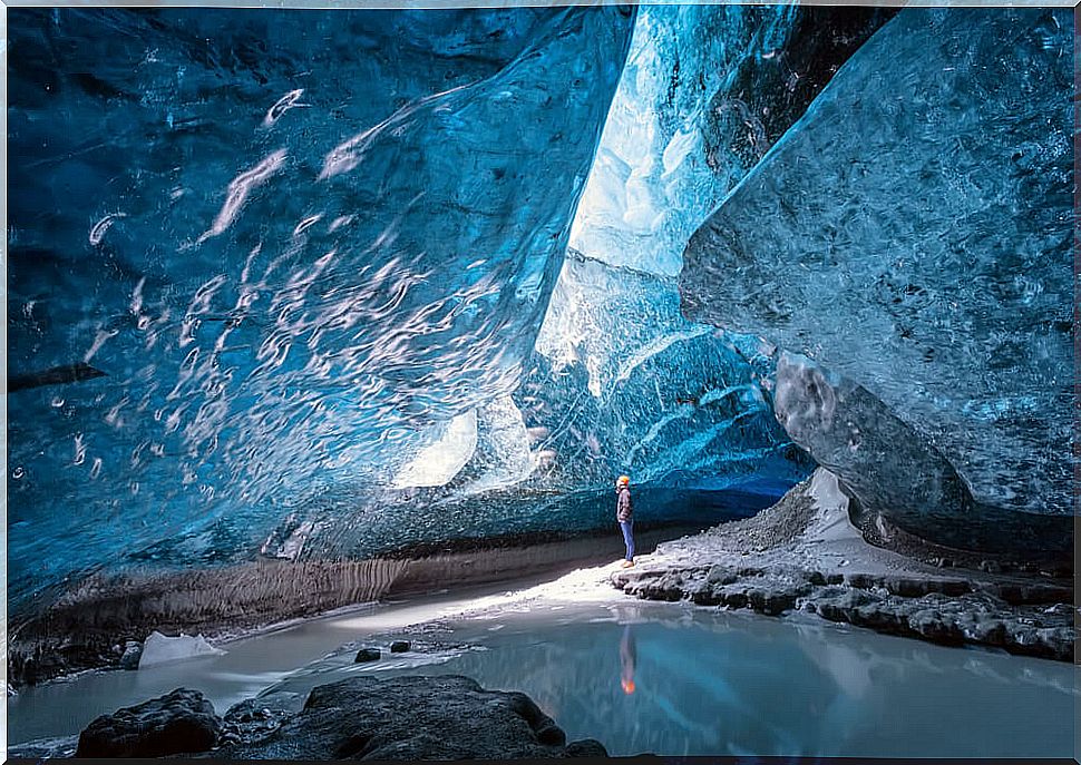 Interior of one of the ice caves in Iceland at Vatnajokull