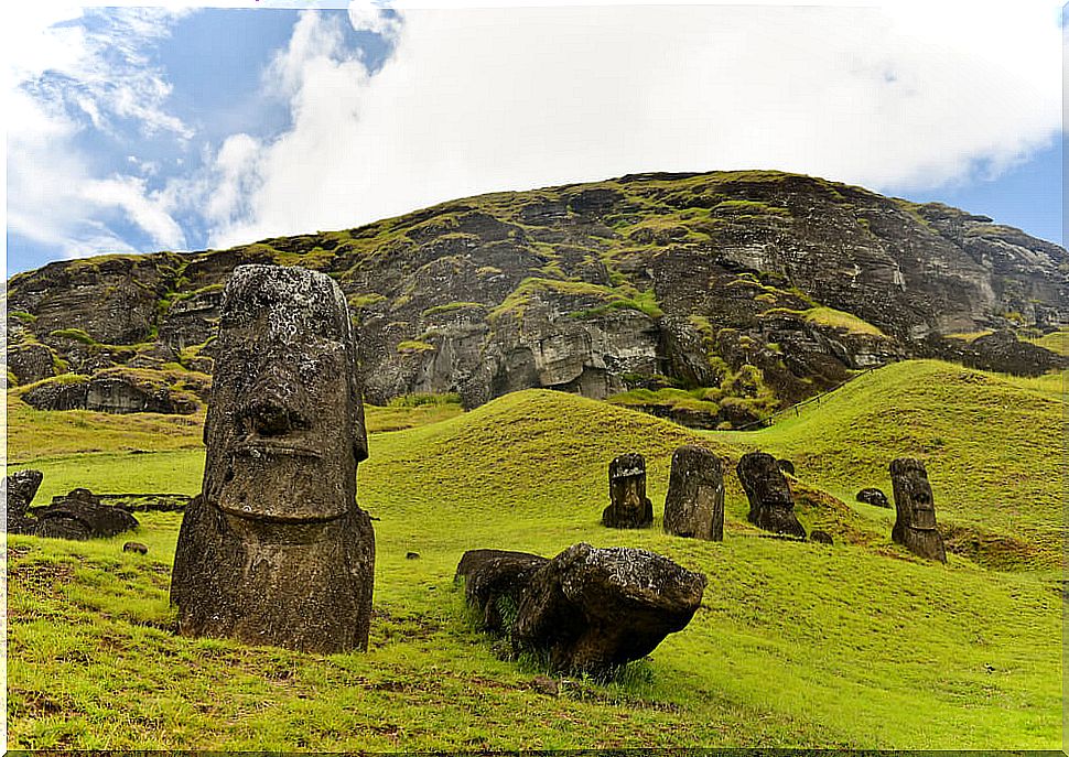 Moai at the foot of the Rano Raraku volcano