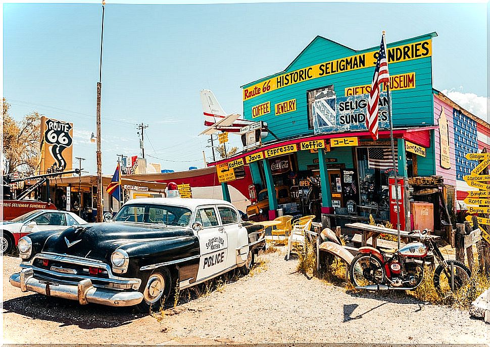 Gas station with vintage cars