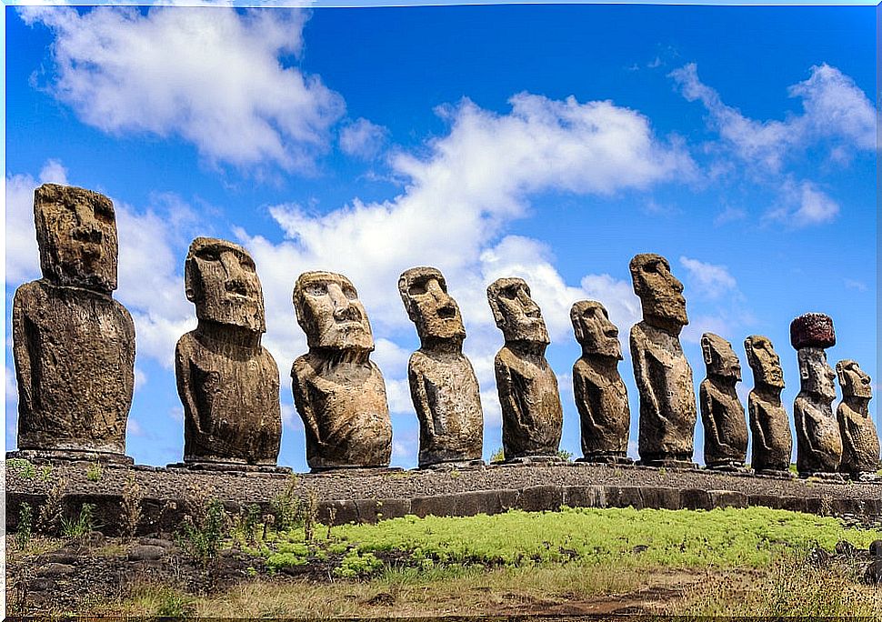 The monolithic statues of the moai on Easter Island