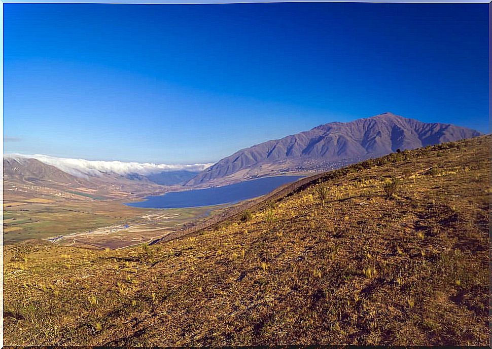 Lake and Cerro Uritorco in Córdoba, Argentina.