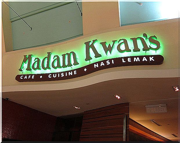 Eating near the Petronas Twin Towers at Madam Kwan's