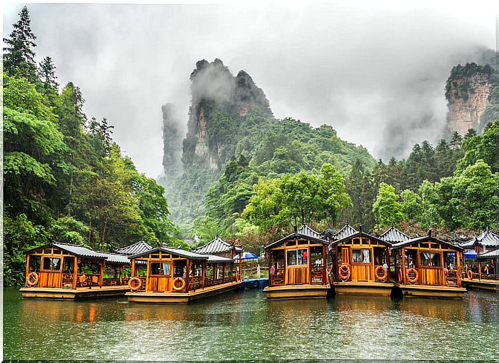 Zhangjiajie National Park and the Wulingyuan Mountains on a rainy day.